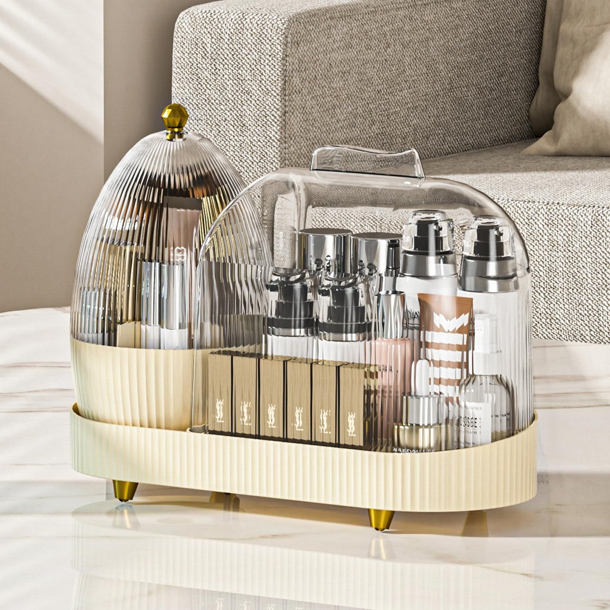 Rotating Makeup Organizer with Brush Holder - Vanity Storage with Dust Cover