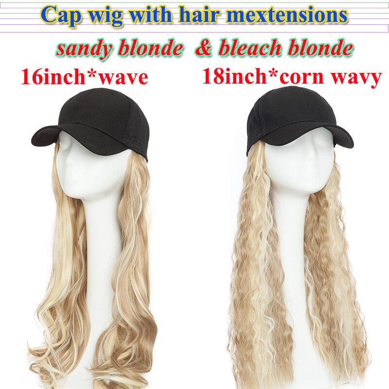 Baseball Cap with Synthetic Hair Extensions - Straight, Curly, Wavy Fits Most