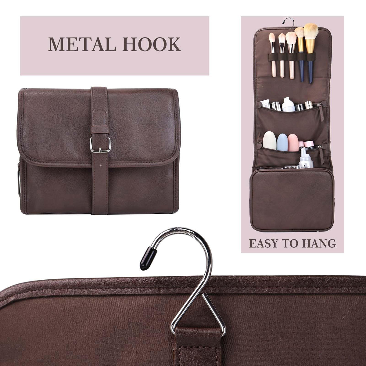 Men's Leather Hanging Toiletry Bag Folding Travel Organizer with 4 Compartments