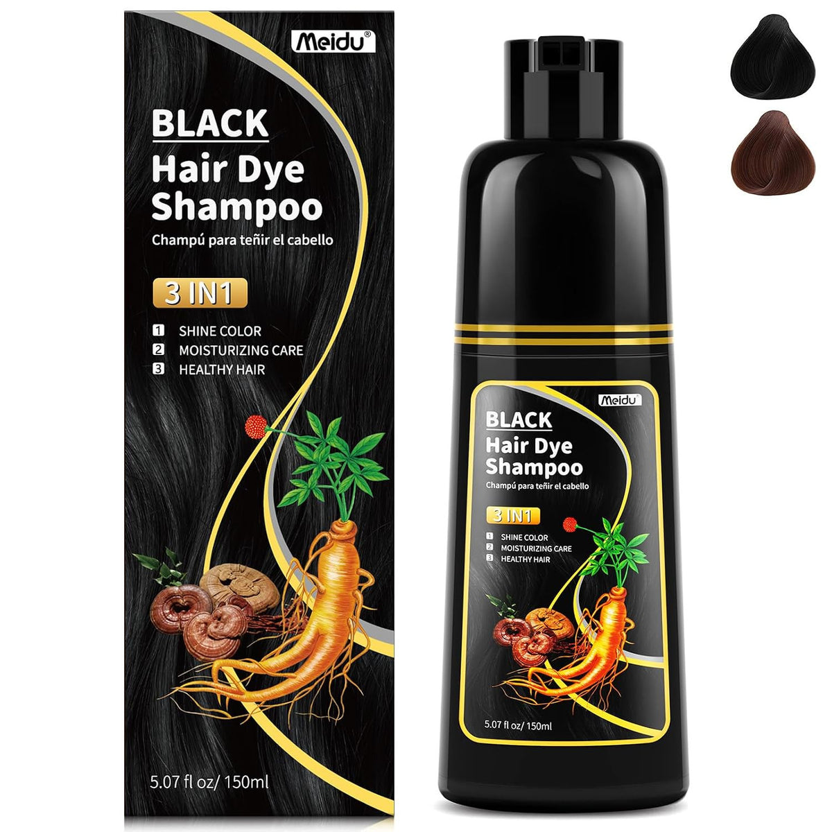 3 in 1 Hair Dye Shampoo for Gray Hair Cover and Conditioner - Herbal Ginseng, 150ml