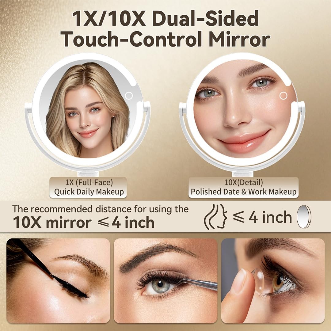 LED Lighted Dual-Sided Makeup Mirror 1X/10X with Brightness & Color Control