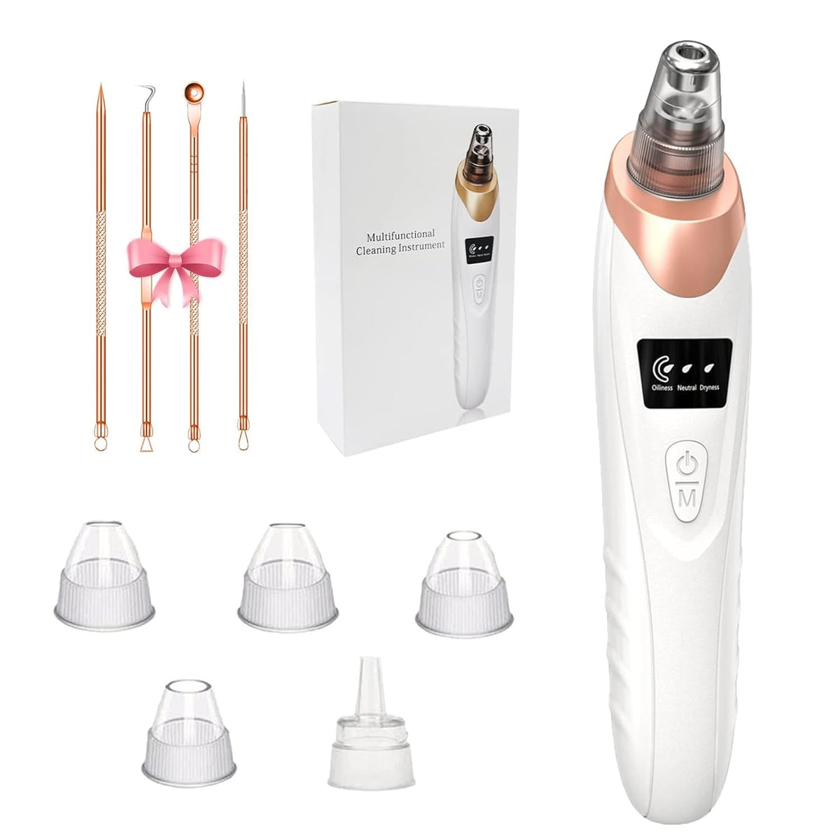 Gold Blackhead Remover Pore Vacuum Cleaner with 5 Suction Power Probes - Facial Skin Care Device