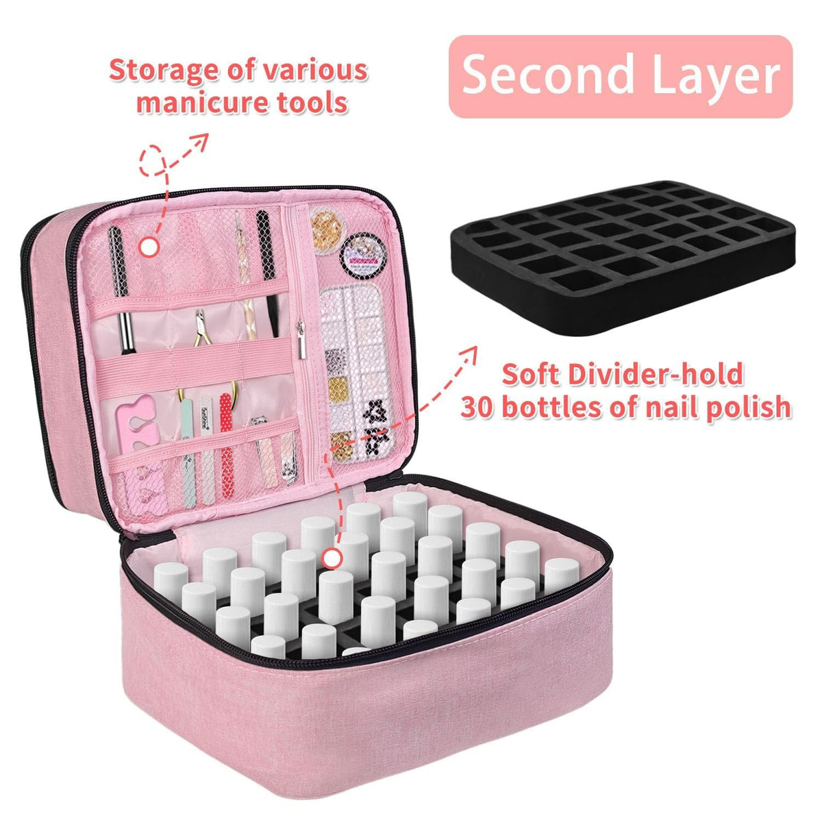Pink Nail Polish Storage Bag Holds 30 Bottles & Lamp Kit Organizer
