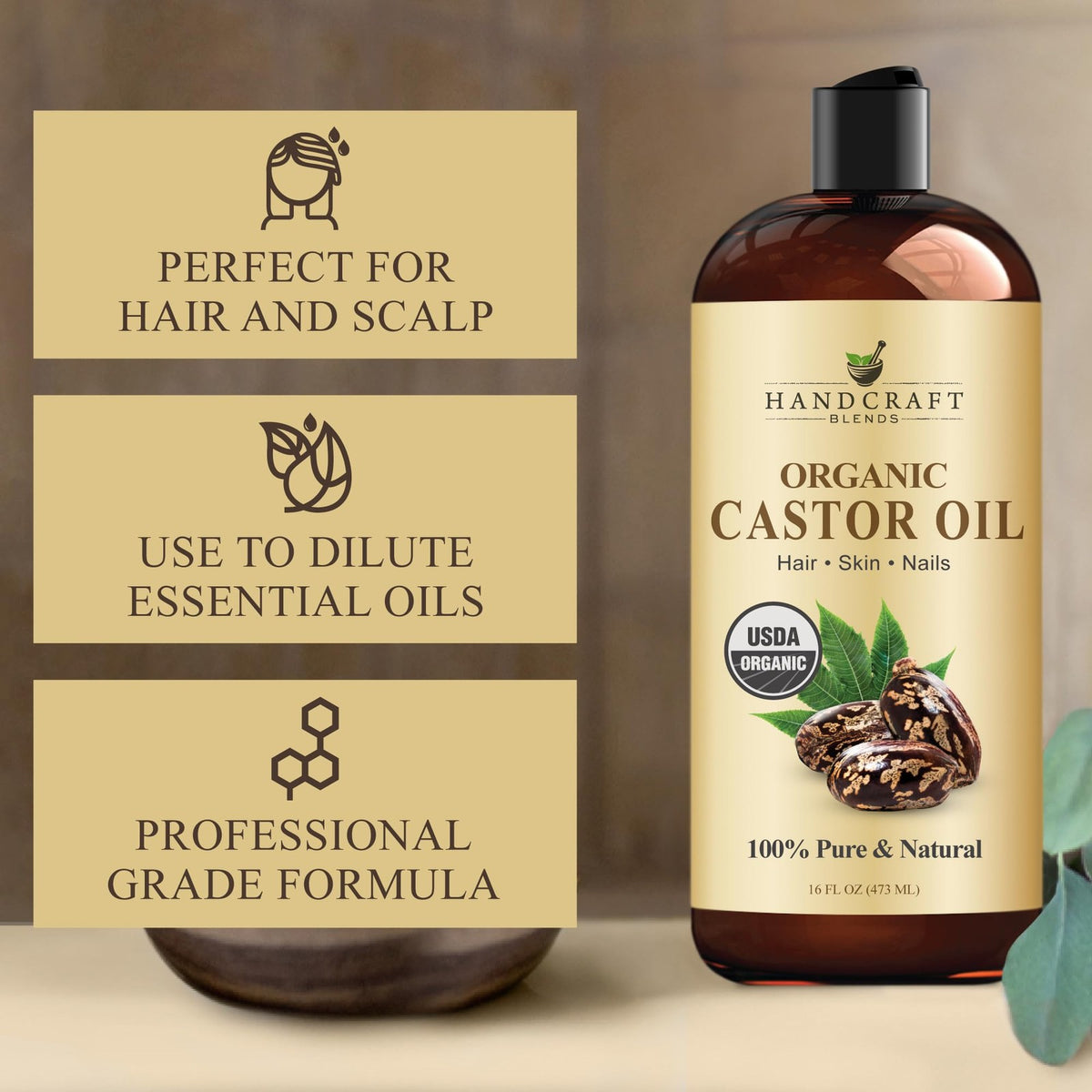 Organic Castor Oil 16 Fl Oz - Pure Natural Hair & Skin Moisturizer