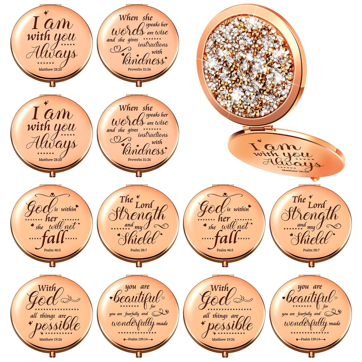 Christian Gifts Compact Makeup Mirror with Bible Verse - Rose Gold Set of 12
