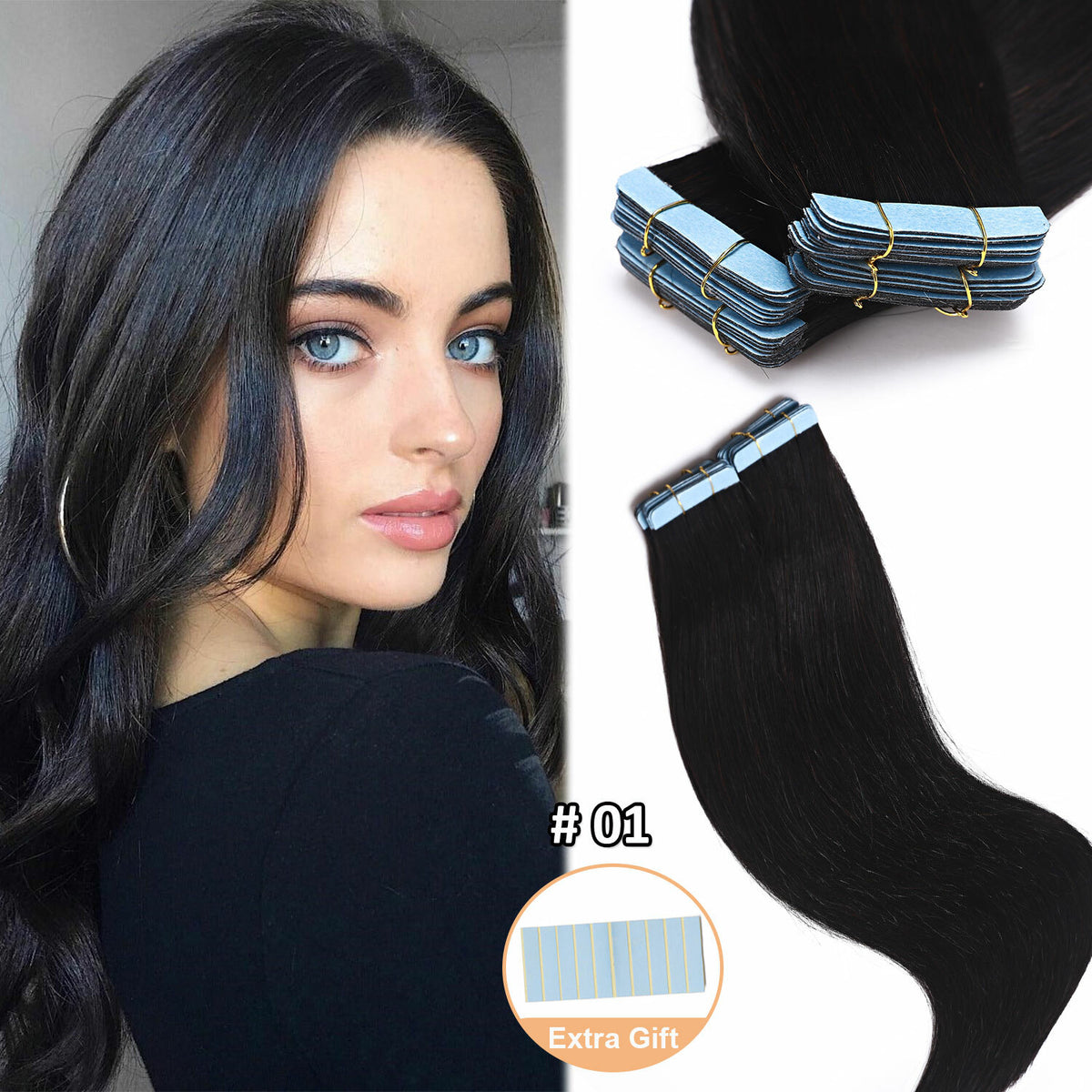 Remy Human Hair Extensions Full Head Tape-In Hair Weft Natural Style & Length