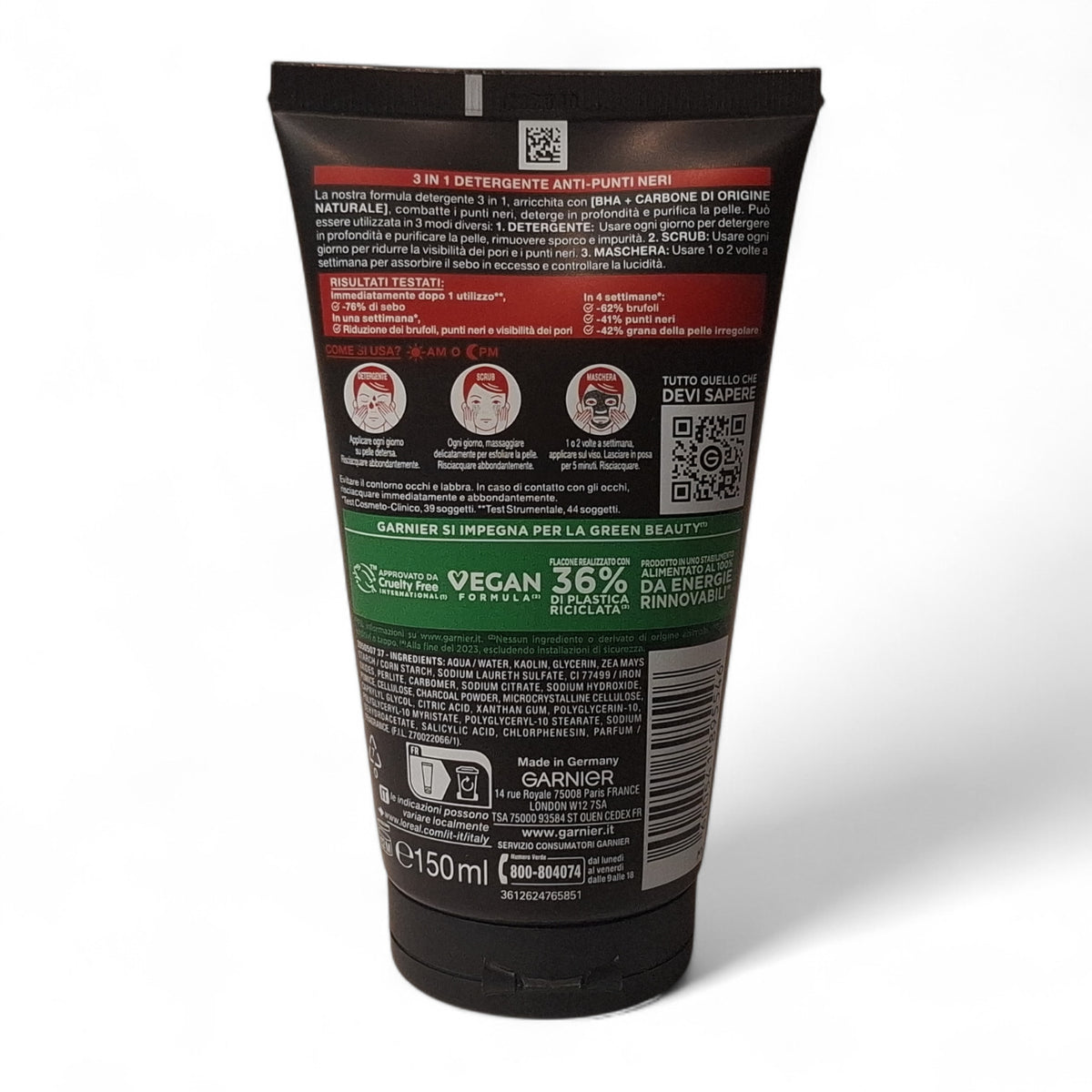 Garnier Pure Active Charcoal 3-in-1 Cleanser Scrub Mask 150ml BHA