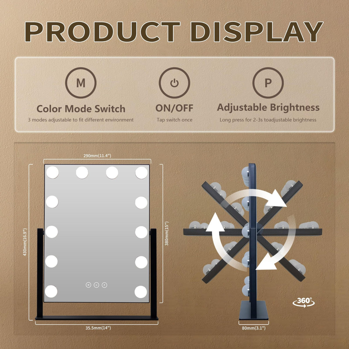 Lighted Makeup Mirror with 3 Color Modes, 10X Magnification, Touch Control