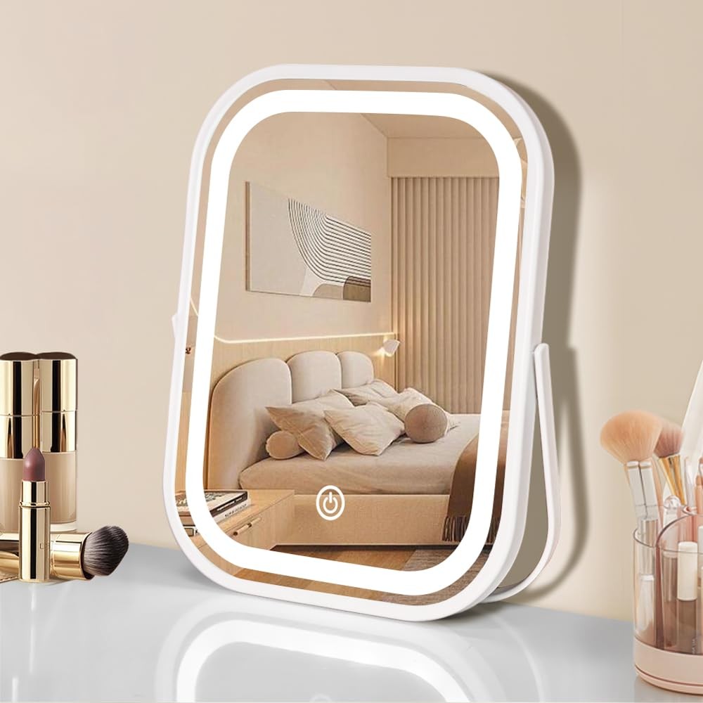 Travel Makeup Mirror with Lights - Portable LED Vanity Mirror, Rechargeable & 360° Rotation
