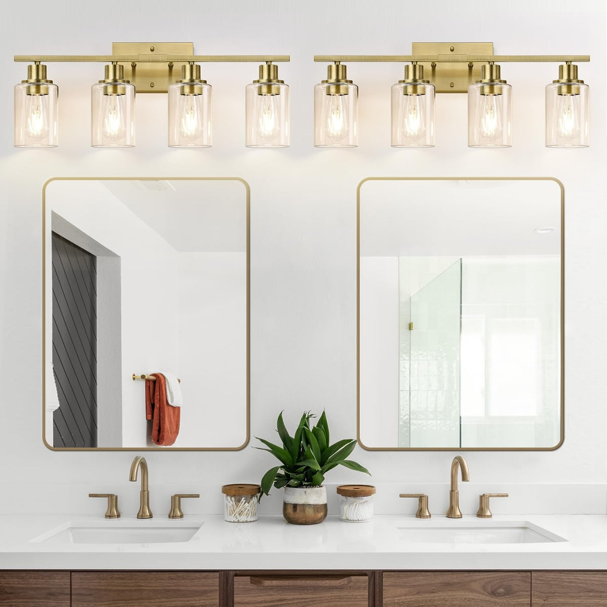 Modern Brass Bathroom Wall Light Fixtures with Clear Glass Shades - 4-Light
