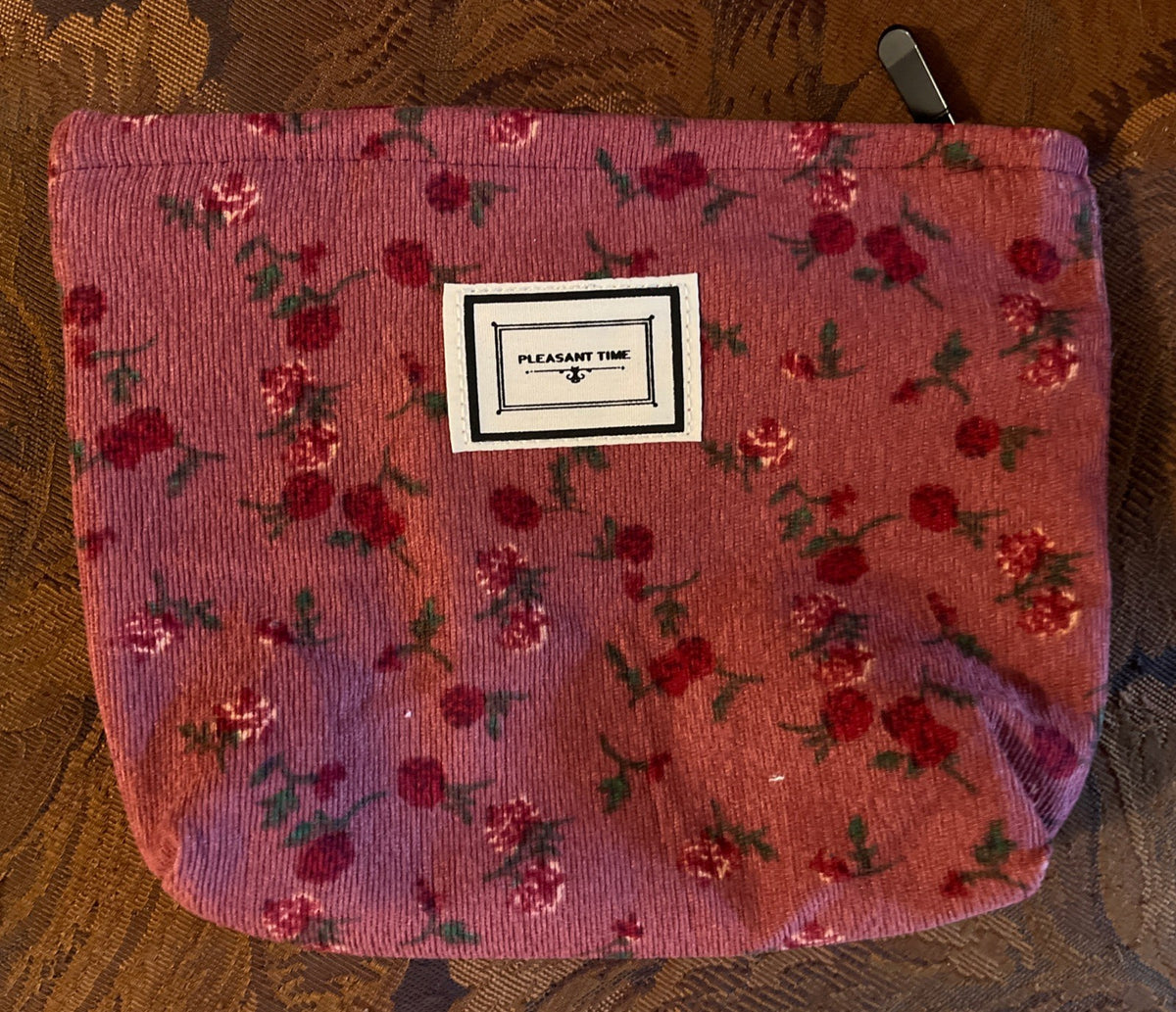 Corduroy Makeup Bag 7x10x2 Inches - Burgundy Rose Pouch with Zip