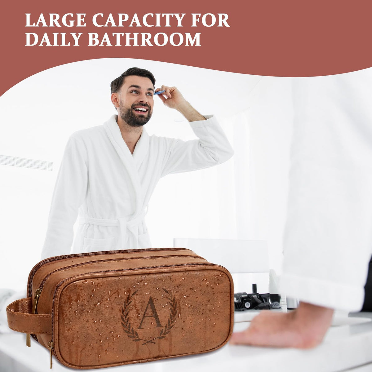 Men's Waterproof Travel Shaving & Grooming Bag with Initials - Leather Dopp Kit