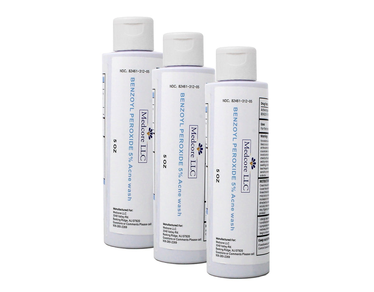 Medcore Benzoyl Peroxide 5% Acne Wash - 5 oz, 3 Pack for Acne Treatment
