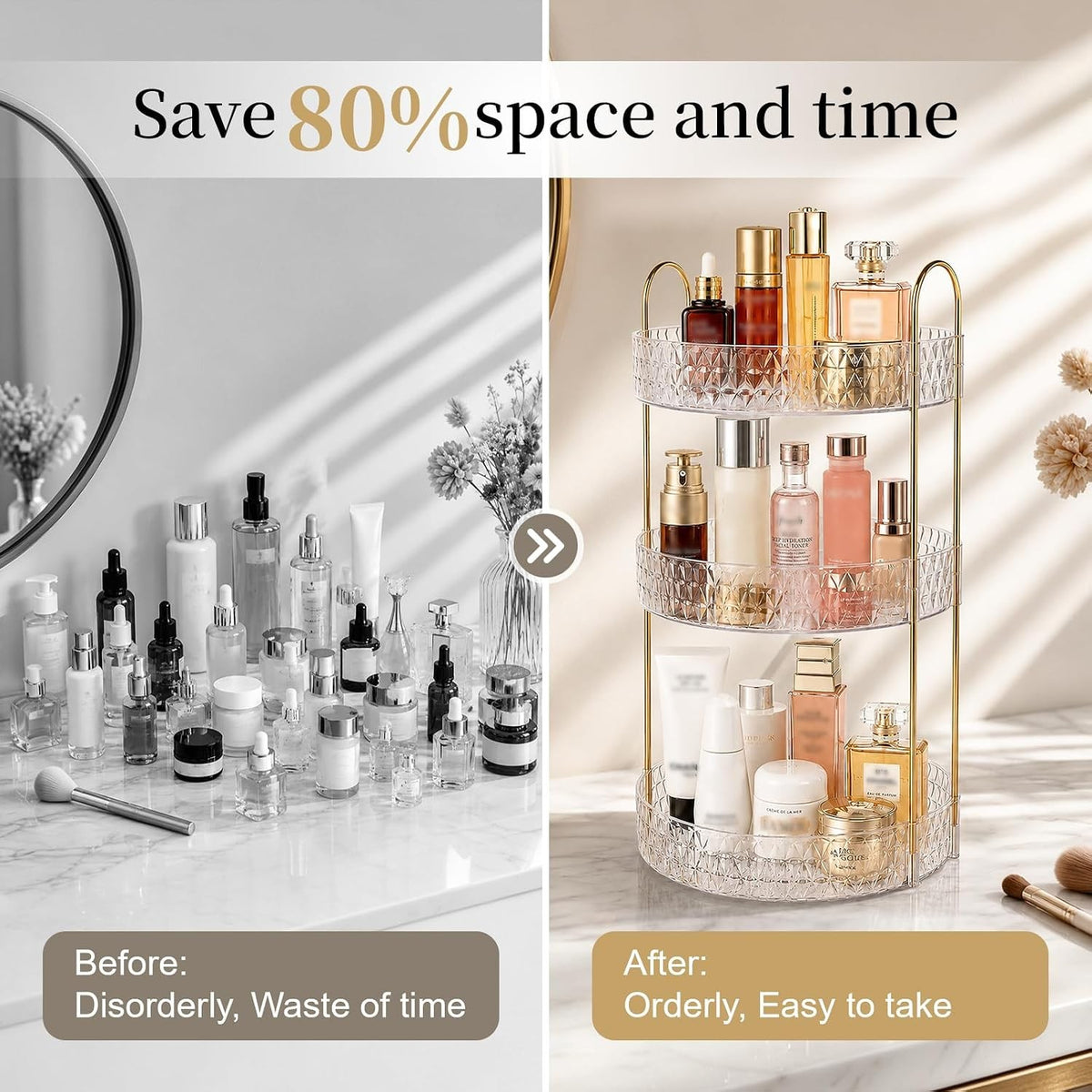 Large Capacity Rotating Makeup Organizer with Clear 3-Tier Stand