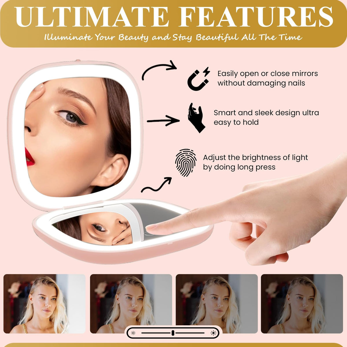 Pink Lighted Compact Makeup Mirror with 1X/10X Magnification, USB Rechargeable, 3 Light Settings
