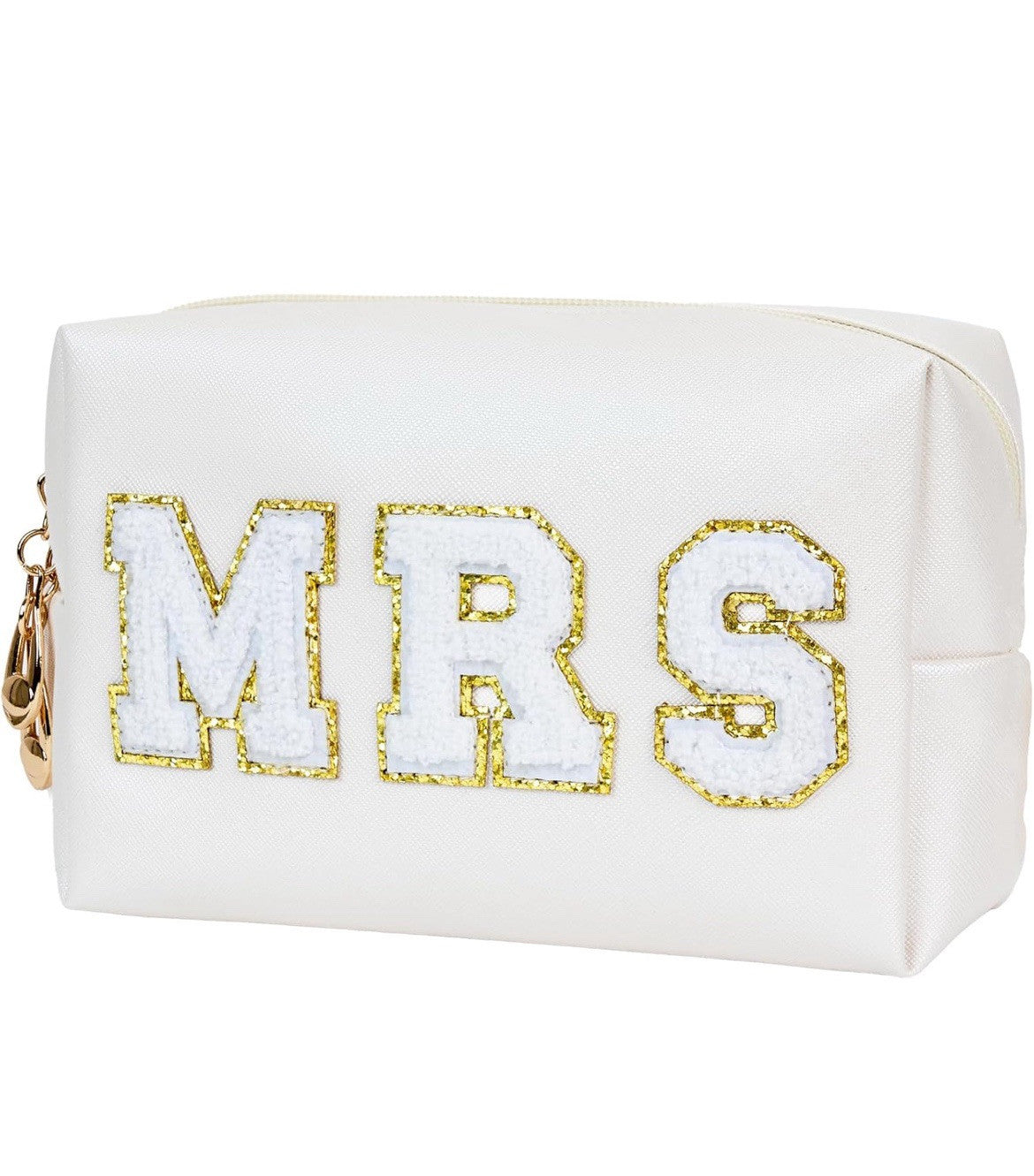 Bride Gifts MRS Patch Travel Cosmetic Bag with Varsity Letters Beige & Gold