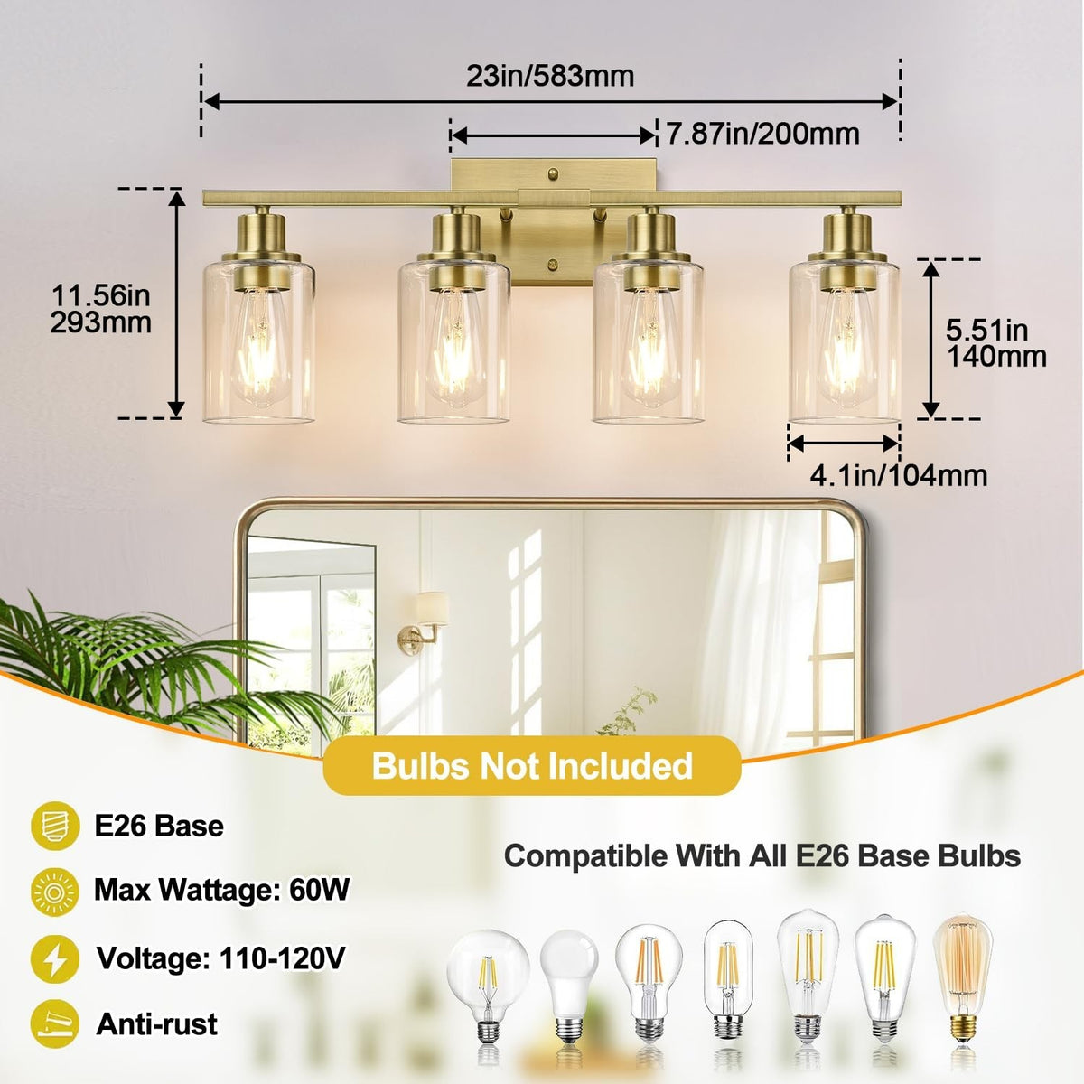 Modern Brass Bathroom Wall Light Fixtures with Clear Glass Shades - 4-Light