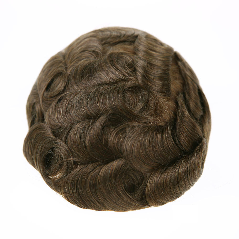 French Lace Front Human Hair Toupee Replacement System with Poly Skin Base