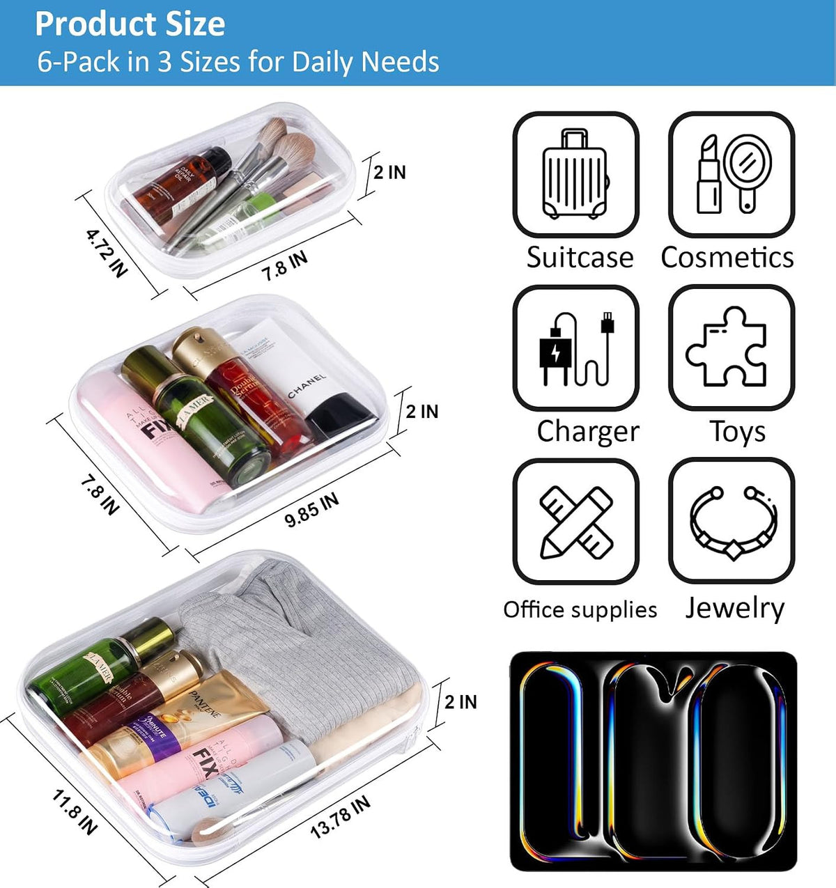 6 Pack Clear Hard Shell Zipper Cases for Travel & Organization - Multiple Sizes