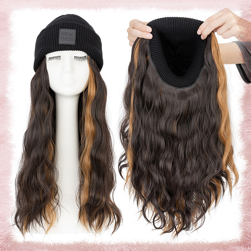 Women Knitted Wavy Wig Winter Beanie Hat - Long Curly Synthetic Hair