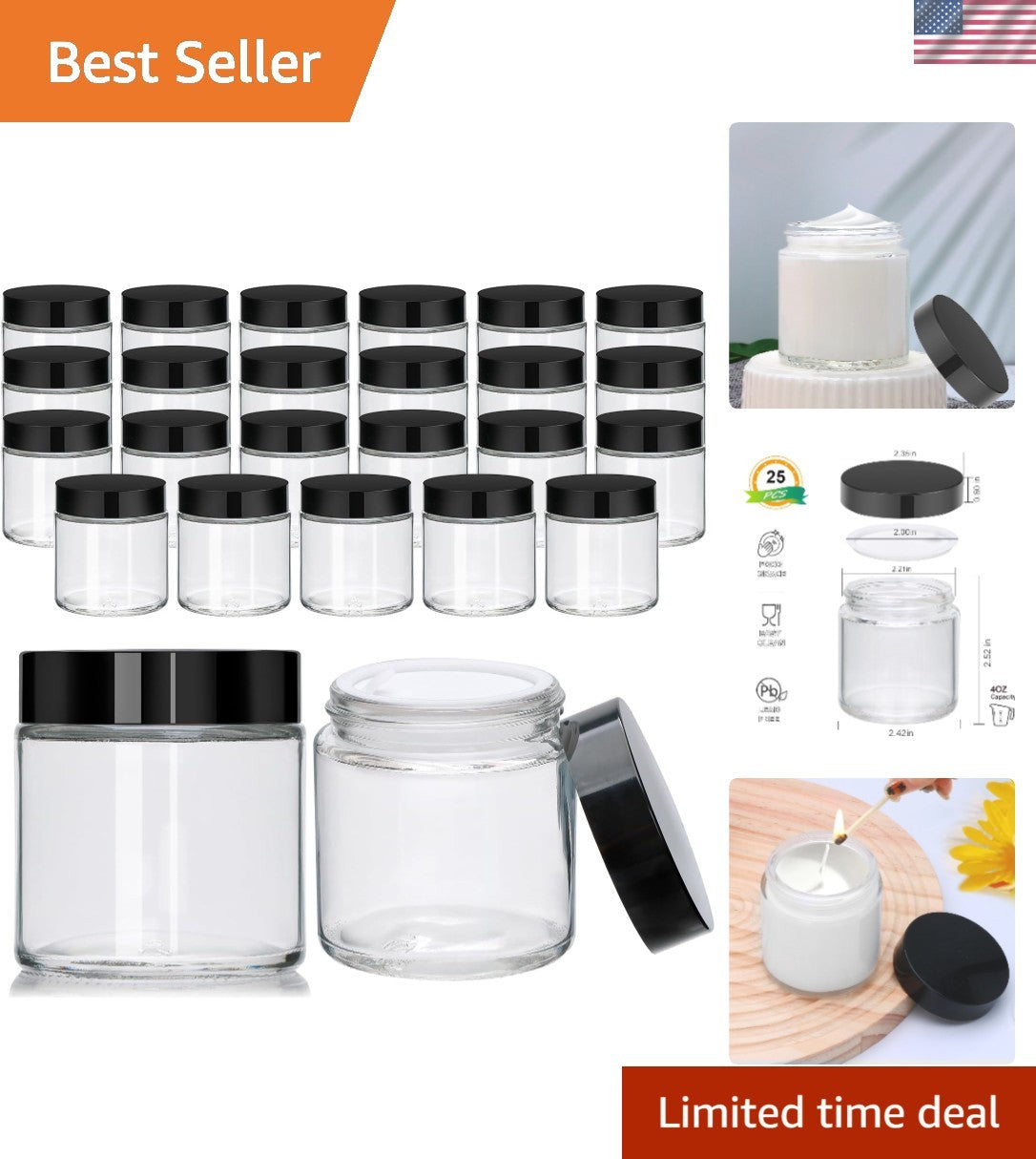 Glass Cosmetic Jars with Black Lids - Leak-Proof Travel Containers 25-Pack