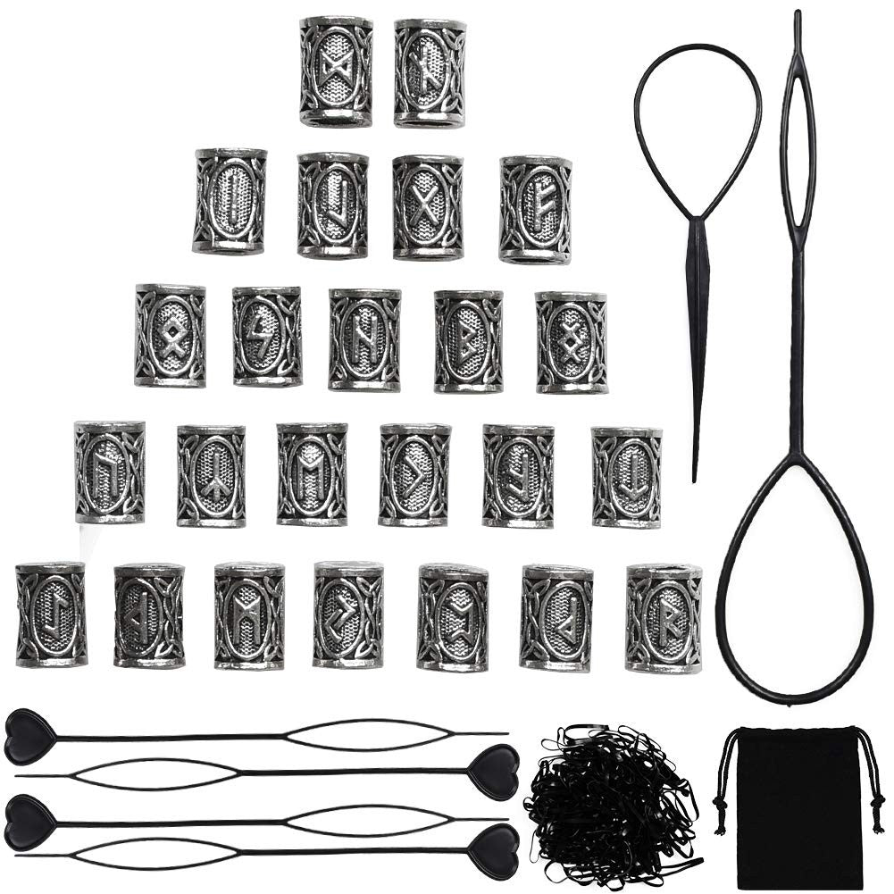 24 PCS Viking Hair Beads Beard 6 Pull PCS, Black