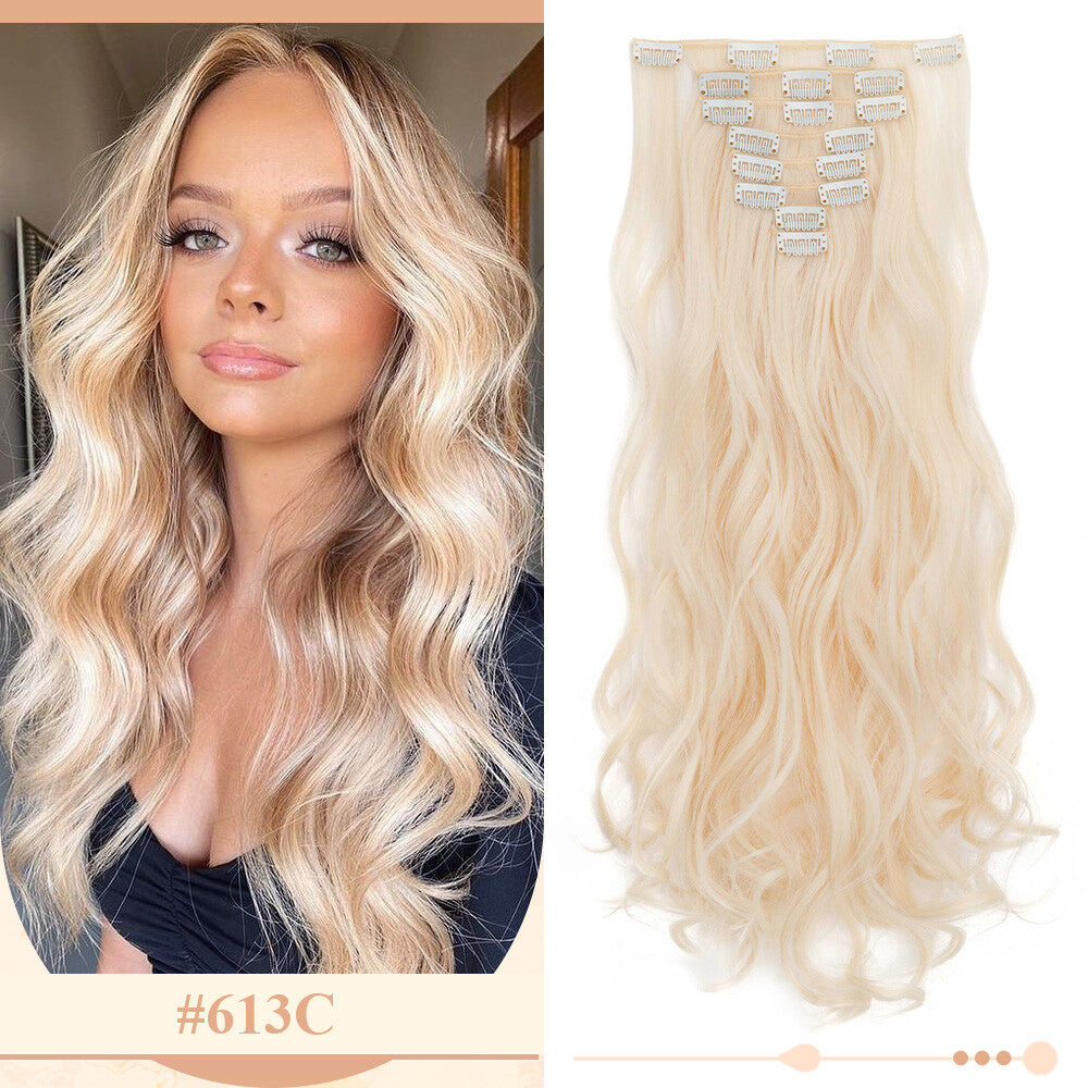 Clip-In Hair Extensions Full Head Ombre Highlight Synthetic Thick Hair 8-24 Inches