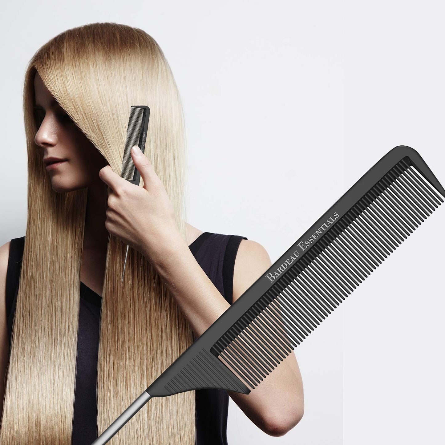 Professional 8.8 Inch Tail Comb with Carbon Fiber & Stainless Steel Pin Tail - Salon Quality