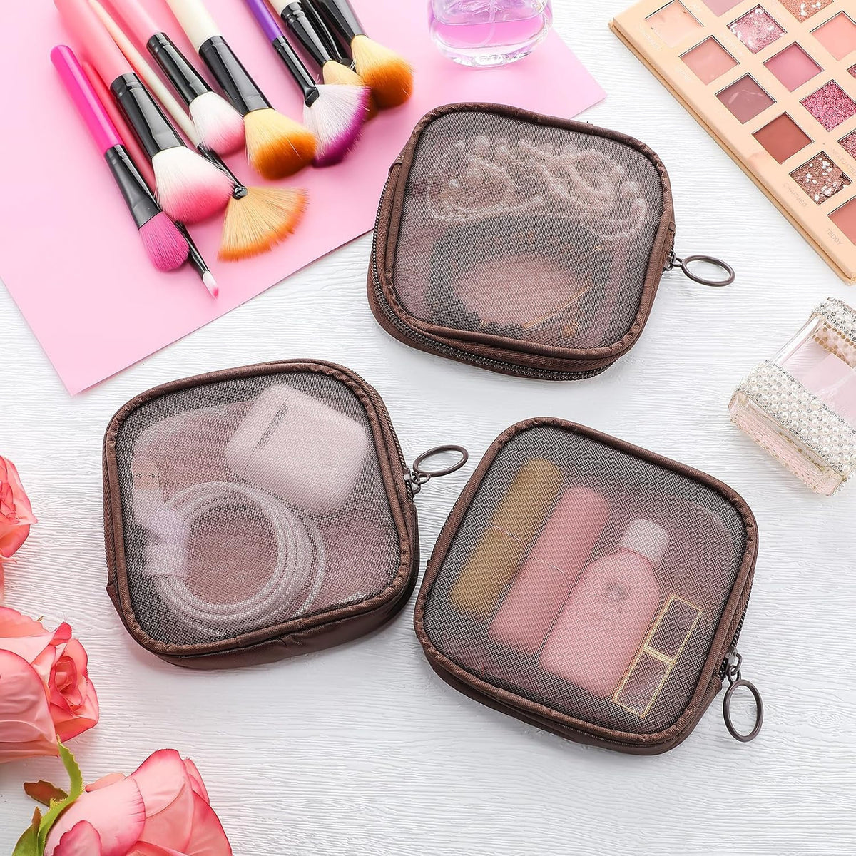 Small Mesh Makeup Bag - Brown, Portable Cosmetic Organizer