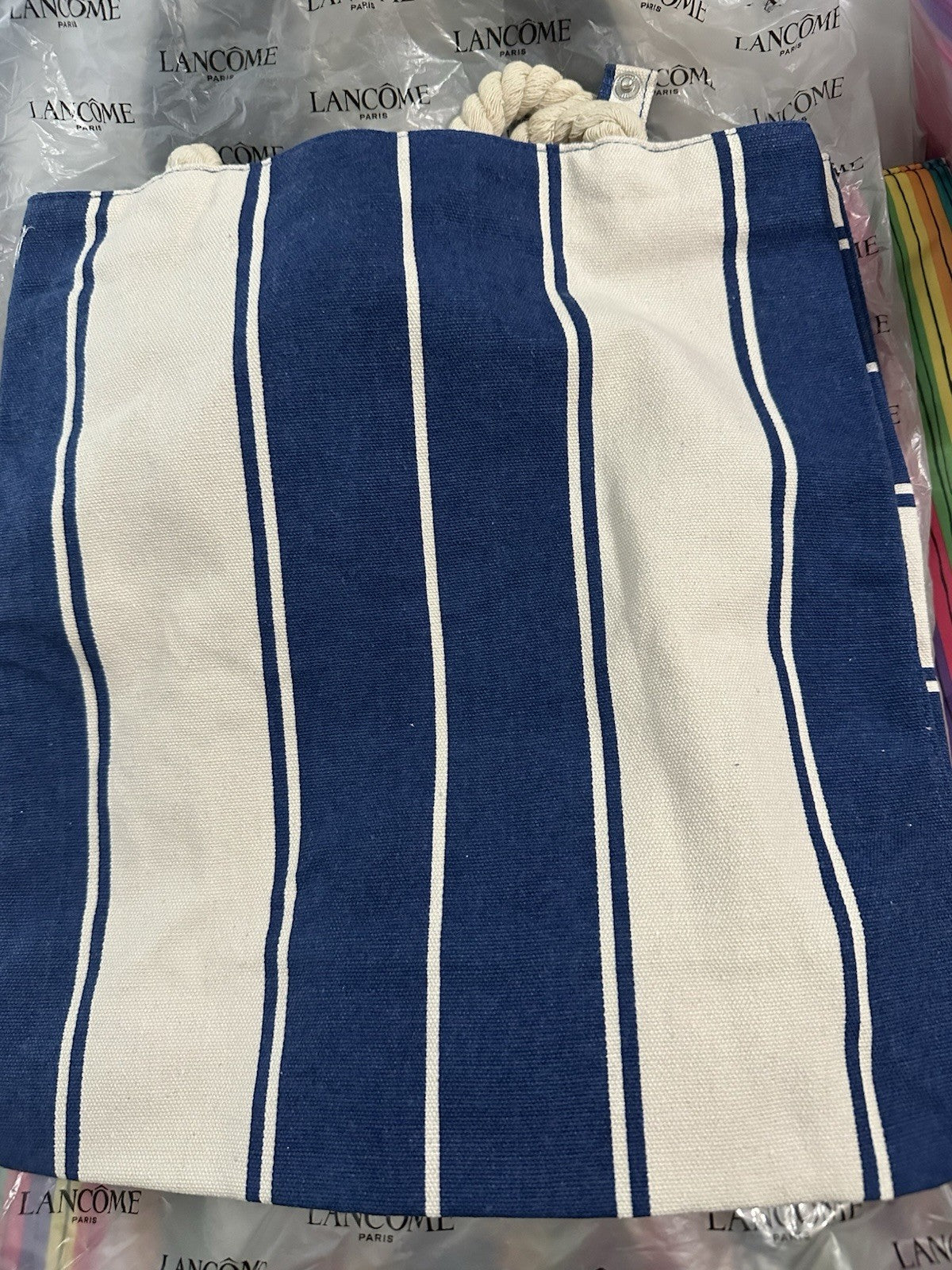 Large Nautical Canvas Tote Bag - Navy Blue & White Striped Shopping Purse