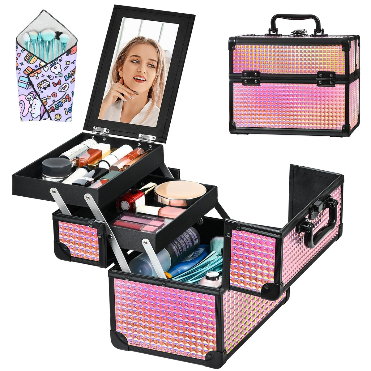 Portable Makeup Train Case with Mirror and Storage Compartments - Black Bright Pink