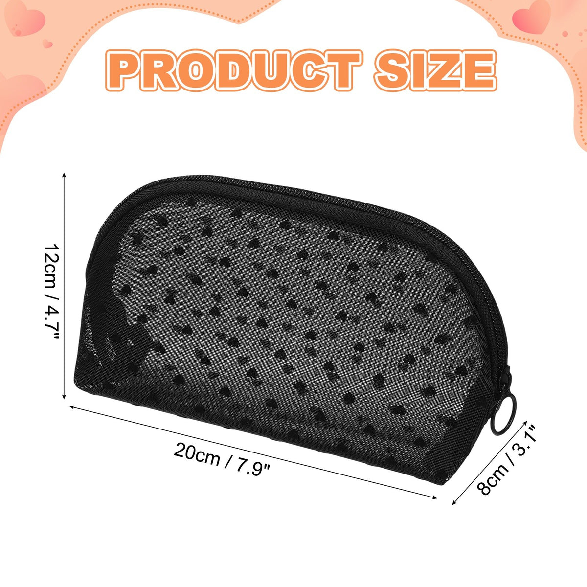 Black Mesh Makeup Bag with Heart Print - Portable Cosmetic Organizer