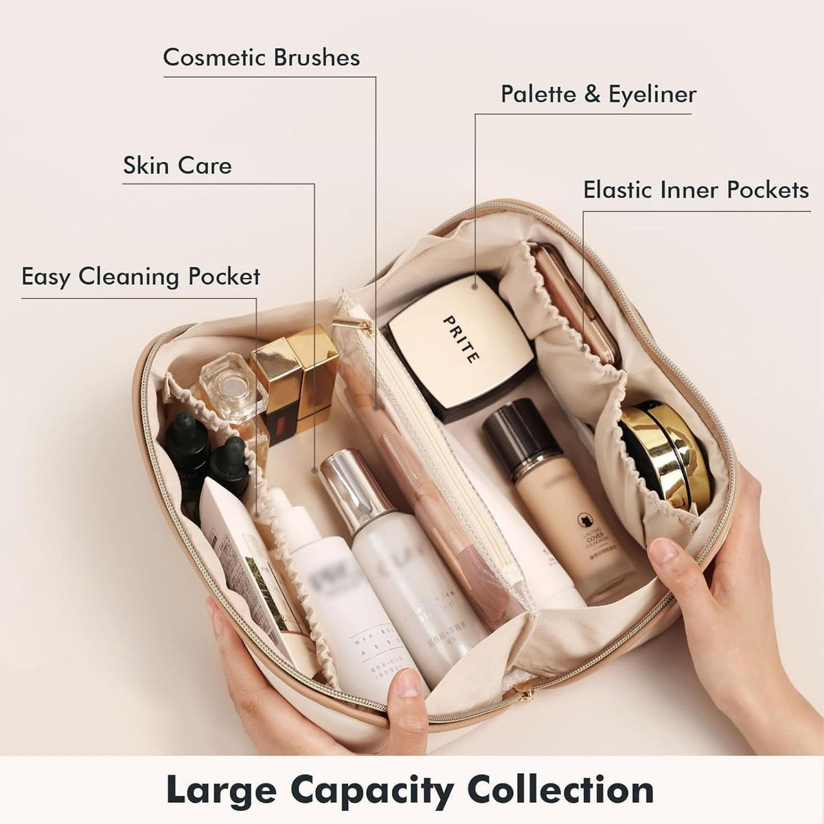 Waterproof Vegan Leather Makeup Bag for Women Travel Medium Beige