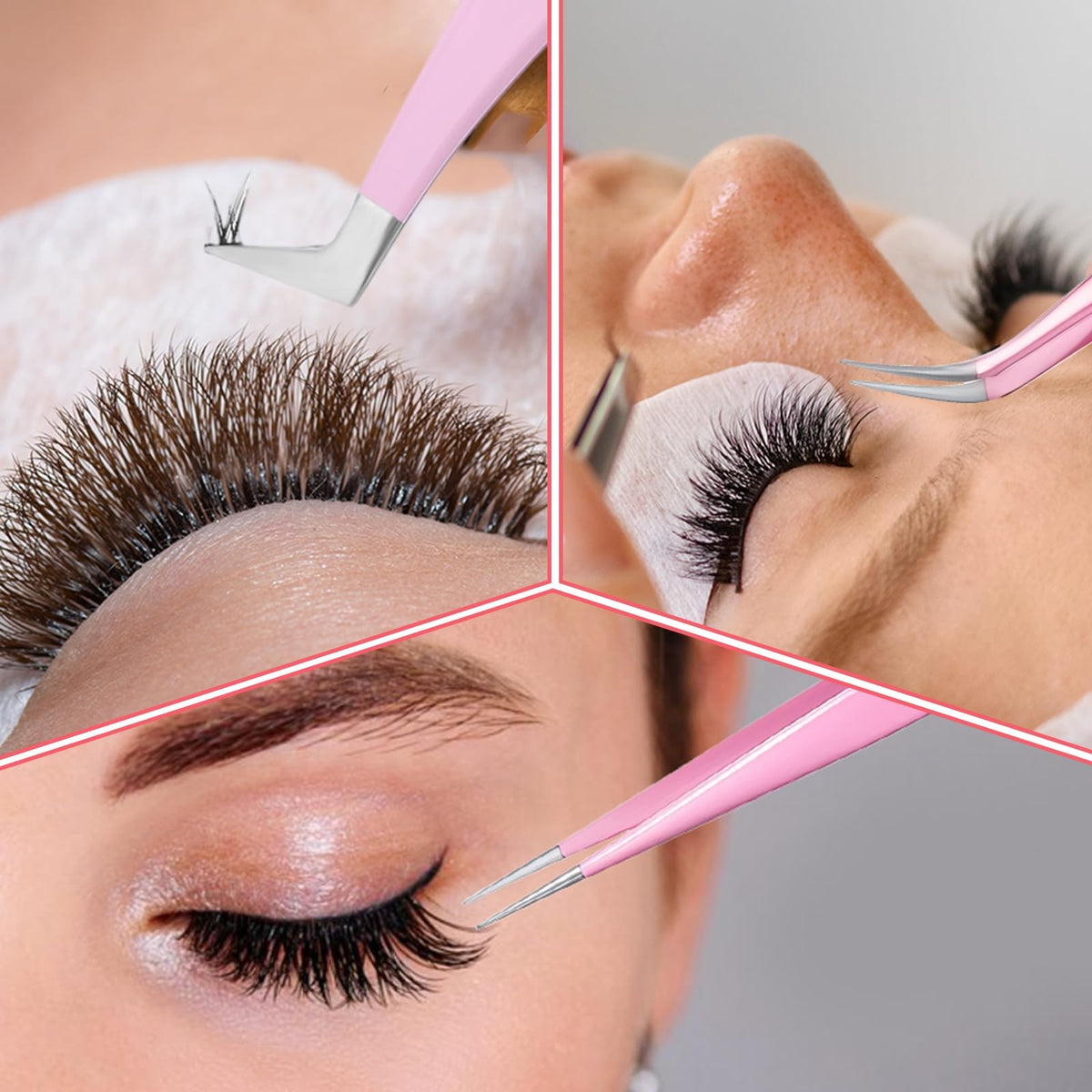 3 Pack Eyelash Extension Tweezers - Precision Straight and Curved in Pink