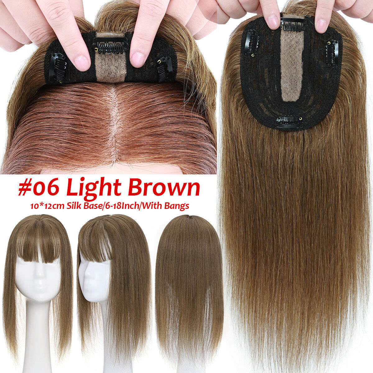 Remy Human Hair Topper with Bangs - Clip-In Hairpiece for Thinning Hair