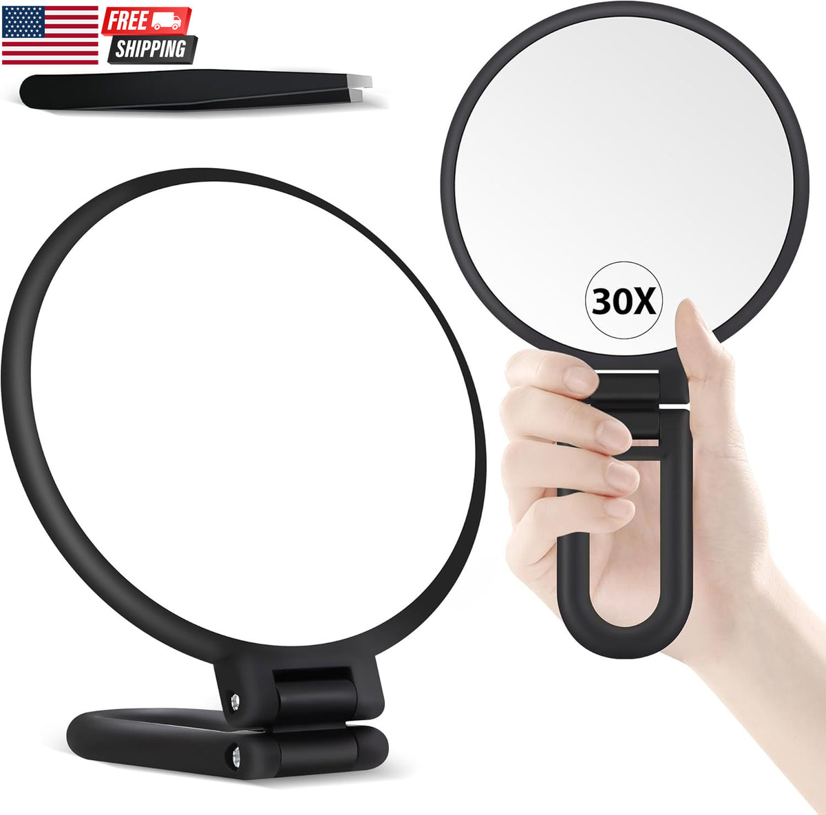 30X Magnifying Hand Mirror with 1X/30X Dual Sides – Portable Foldable Makeup Mirror