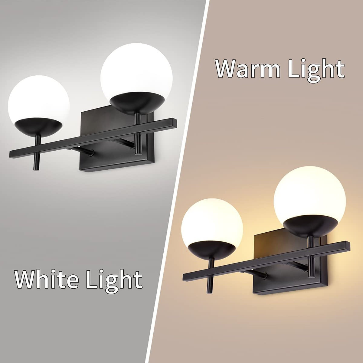 Modern Black Bathroom Vanity Light Fixture with White Frosted Glass - 2 Light