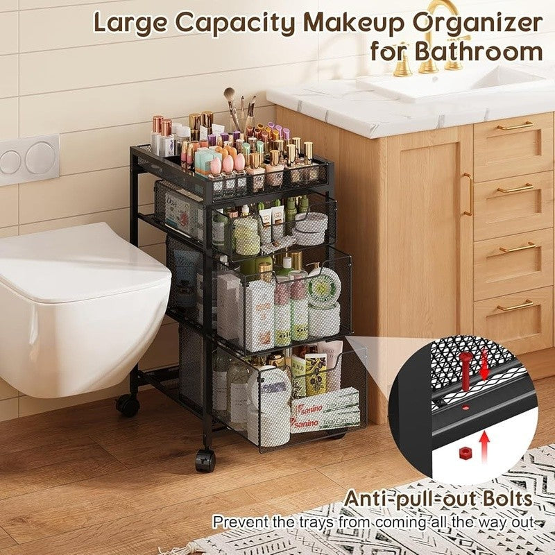 3-Drawer Rolling Makeup Organizer Cart with Dividers - Black