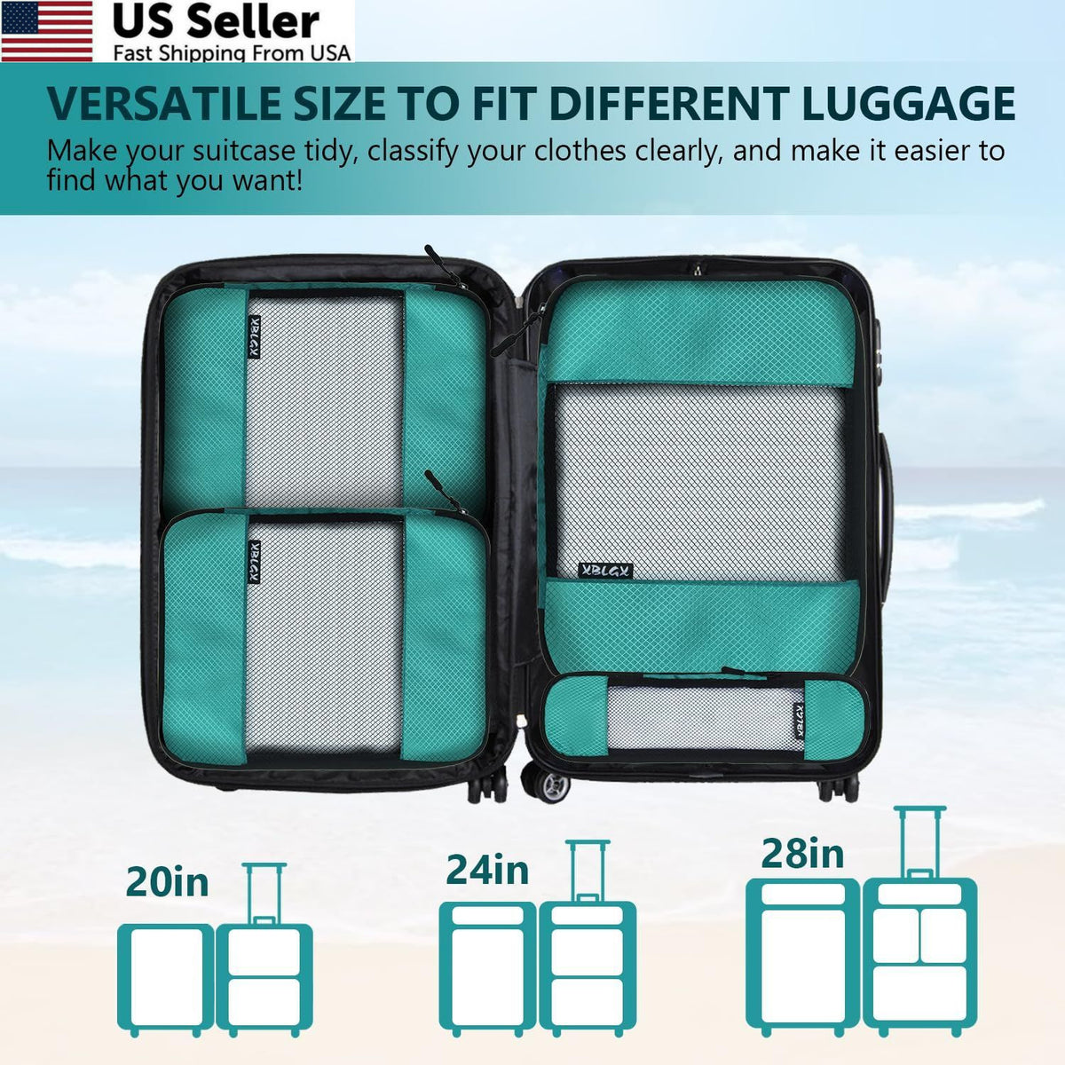 Travel Compression Packing Cubes Set of 5 - Space Saving Luggage Organizers, Green