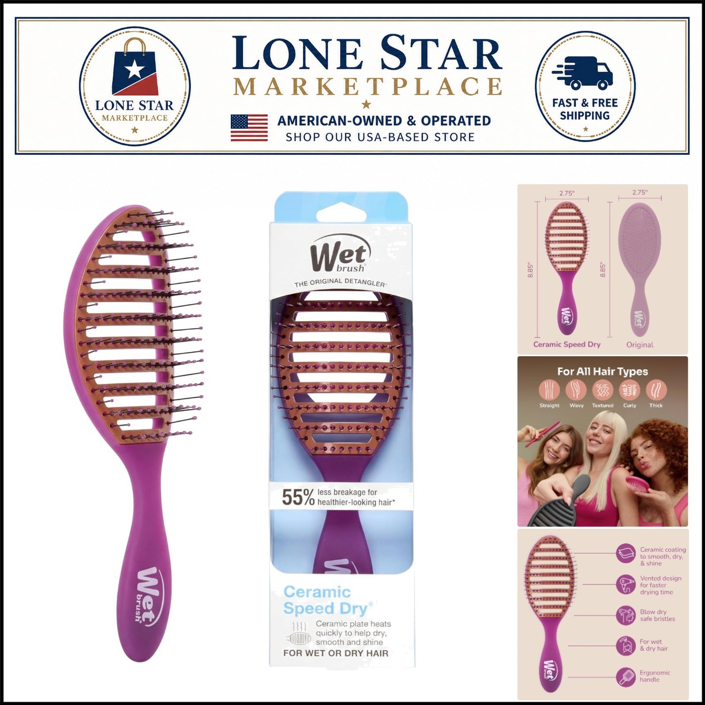 Heat-Resistant Purple Hair Brush for Fast Drying & Gentle Detangling