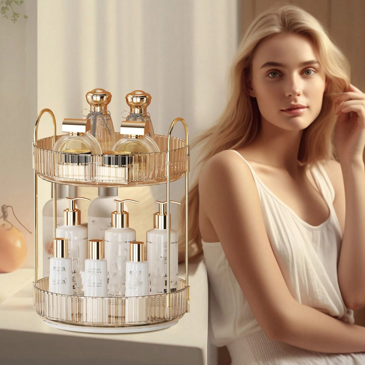 360° Rotating Makeup Organizer 2-Tier Bathroom Storage for Cosmetics