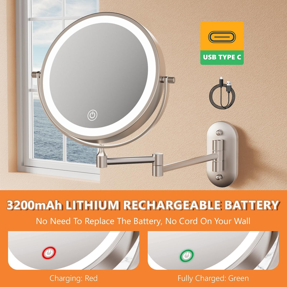 Wall Mounted Lighted Makeup Mirror 8In 1X/20X Magnification Rechargeable 3200mAh