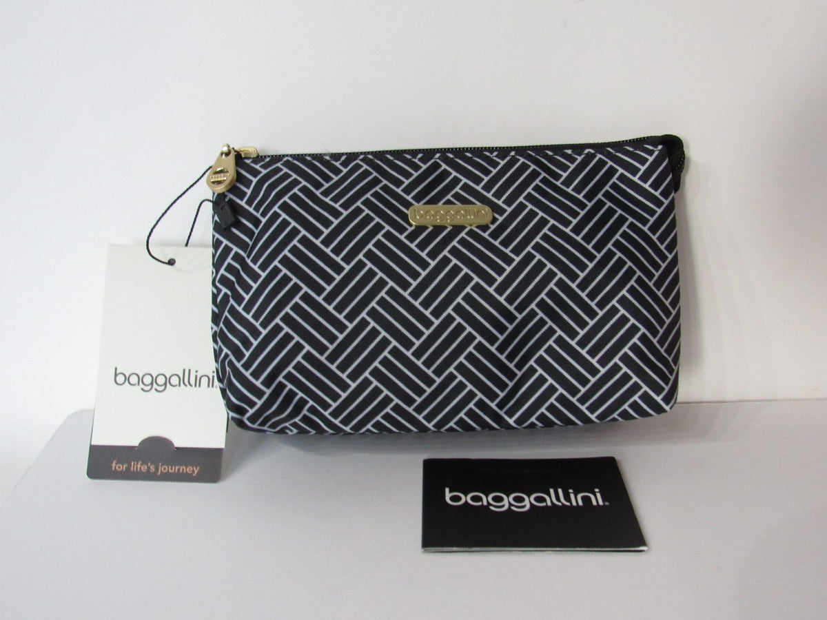 Cosmetic Bag with Multiple Compartments - Gold-Tone Hardware, Black Basket Print