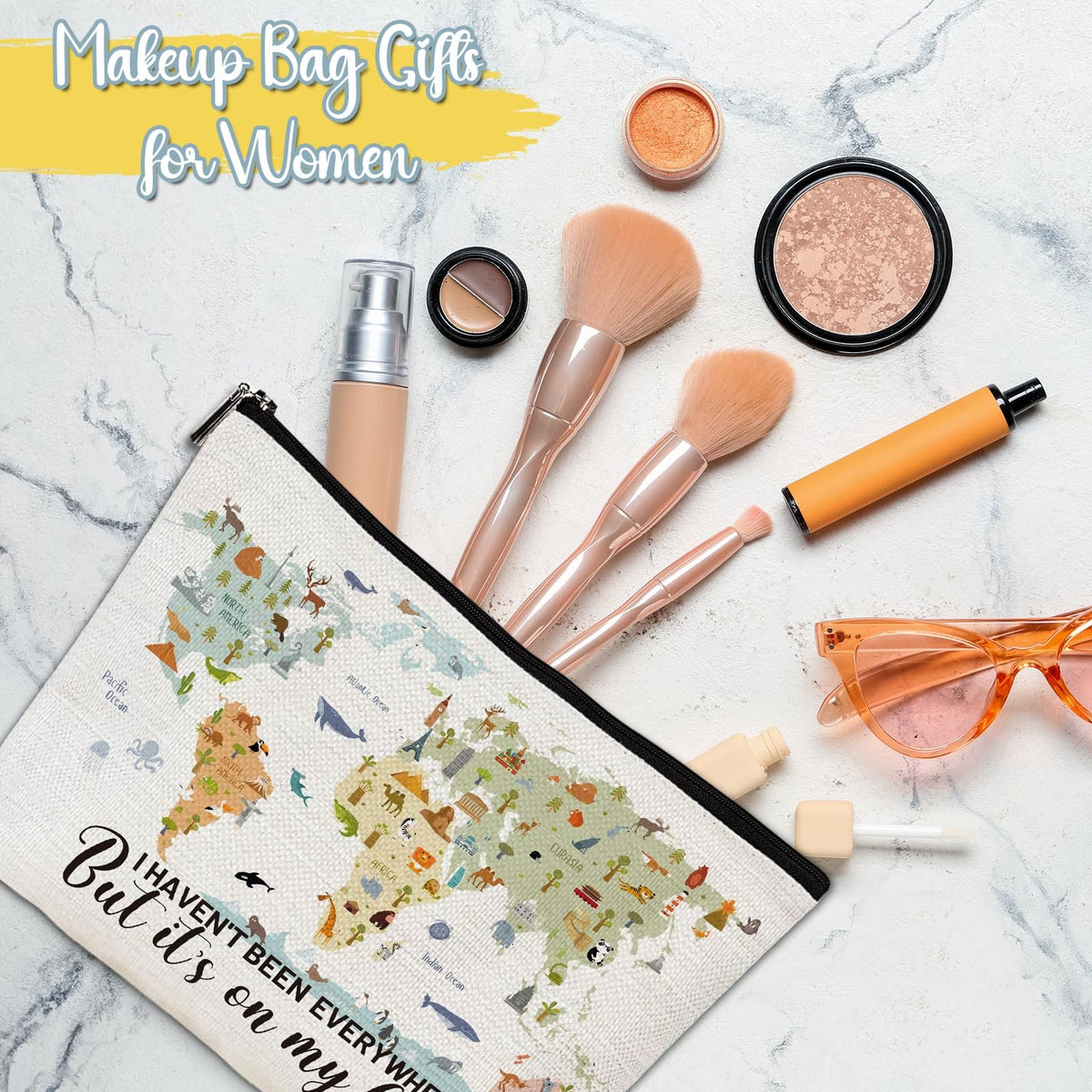 Travel Makeup Bag with Travel Map Design Waterproof Canvas Compact Organizer