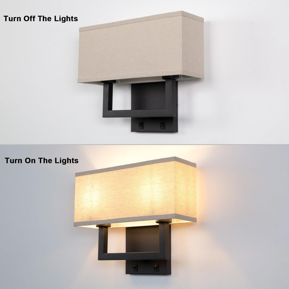 2-Light Linen Fabric Wall Sconce with On/Off Switch - Black Finish