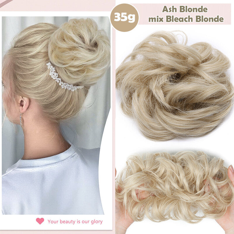 Natural Human Hair Messy Bun Ponytail Extensions with Curly Scrunchie Updo