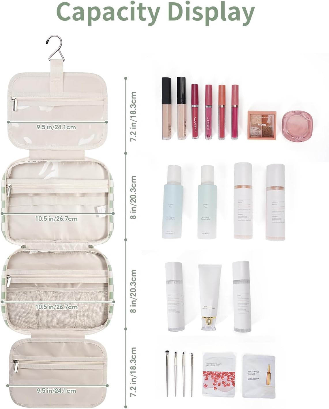 Travel Toiletry Bag with Hanging Organizer for Women and Men - Water-Resistant, Multiple Compartments, Checkered Design