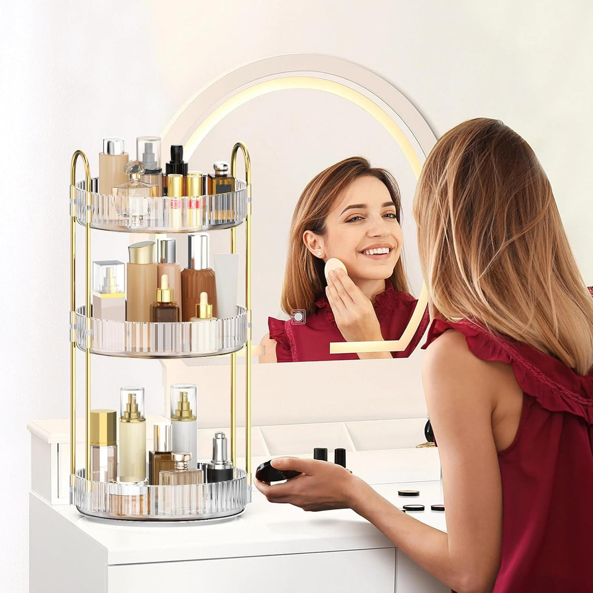 Rotating Makeup Organizer for Vanity, 3 Tiers, Clear, Adjustable Storage
