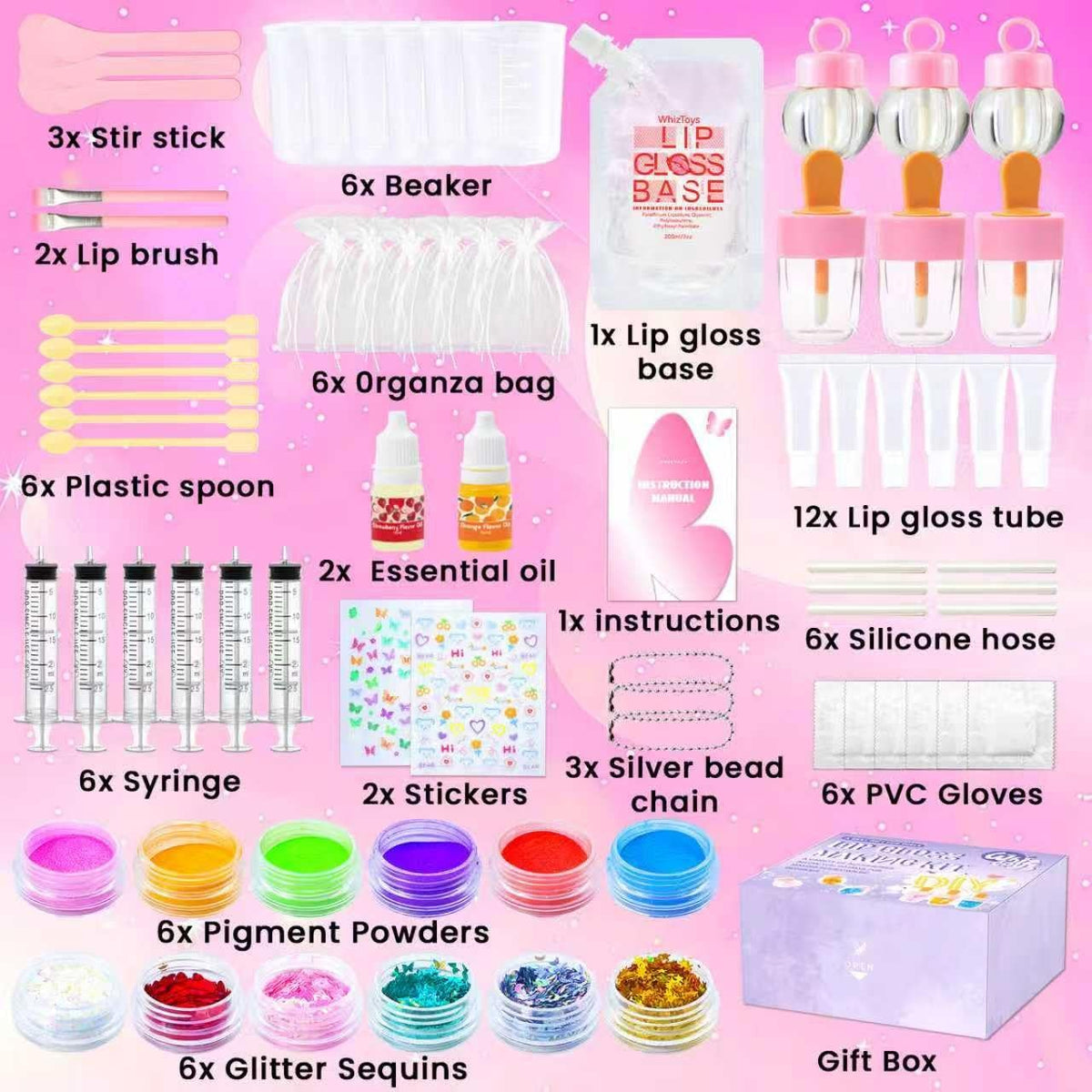 DIY Lip Gloss Making Kit with Moisturizing Base & Accessories - 74 Pieces