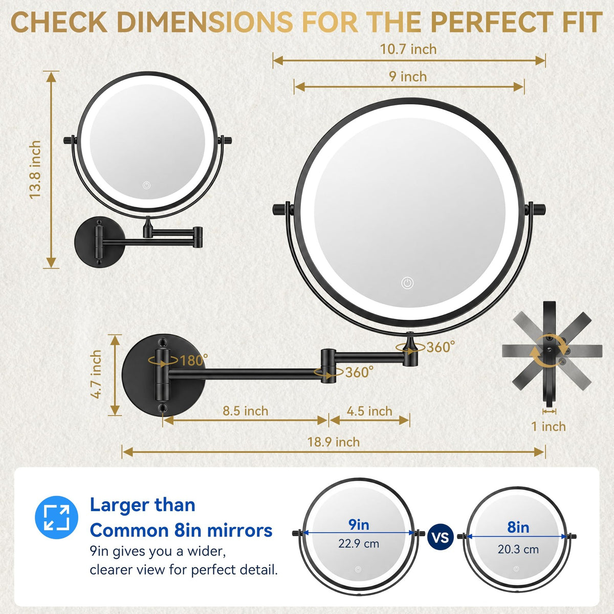 Wall Mounted Lighted Magnifying Makeup Mirror with 30X Zoom, 9 Inch, 360° Rotatable with Bright LED Lighting